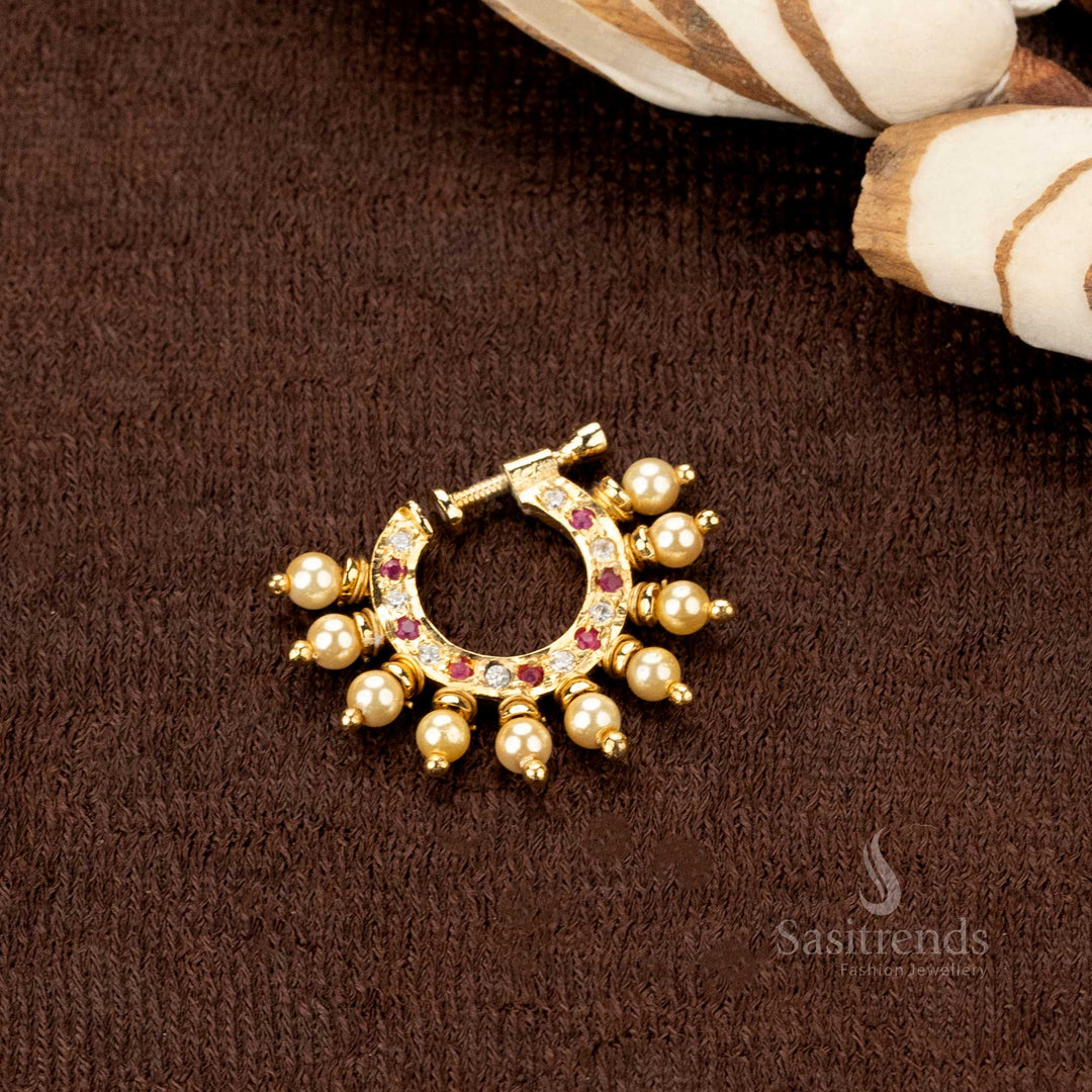 Luxurious gold-plated American diamond nose pin for women, featuring a royal ethnic design with a handcrafted touch, ideal for partywear and festive jewellery styling - Sasitrends