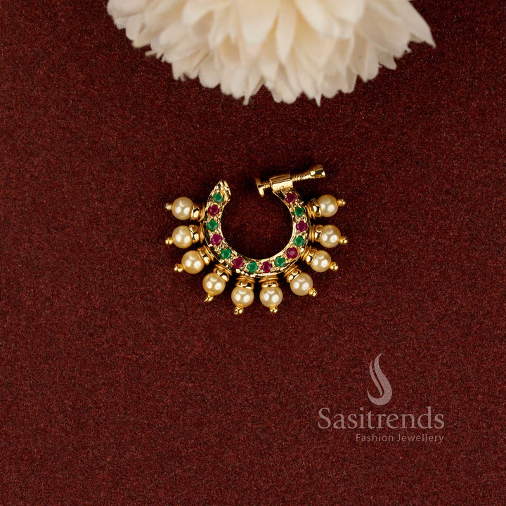 Traditional crescent AD stone nath with elegant pearl drop detailing - Sasitrends