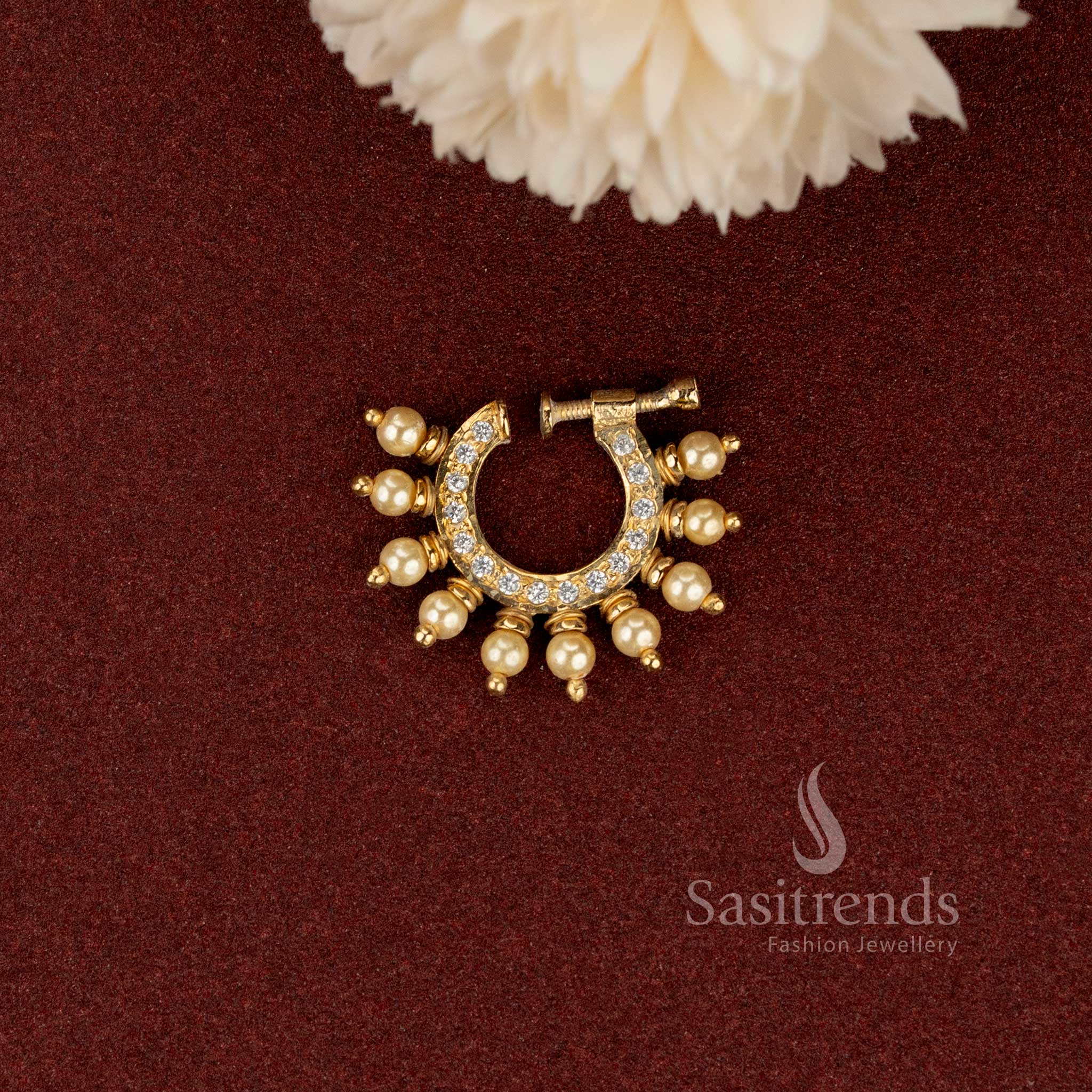 Gold Plated Non-Piercing Adjustable Pearl Fringe Nath Nose Ring with AD Stones - Sasitrends