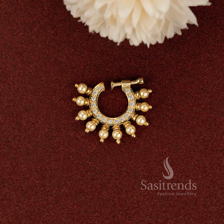 Gold Plated Non-Piercing Adjustable Pearl Fringe Nath Nose Ring with AD Stones - Sasitrends