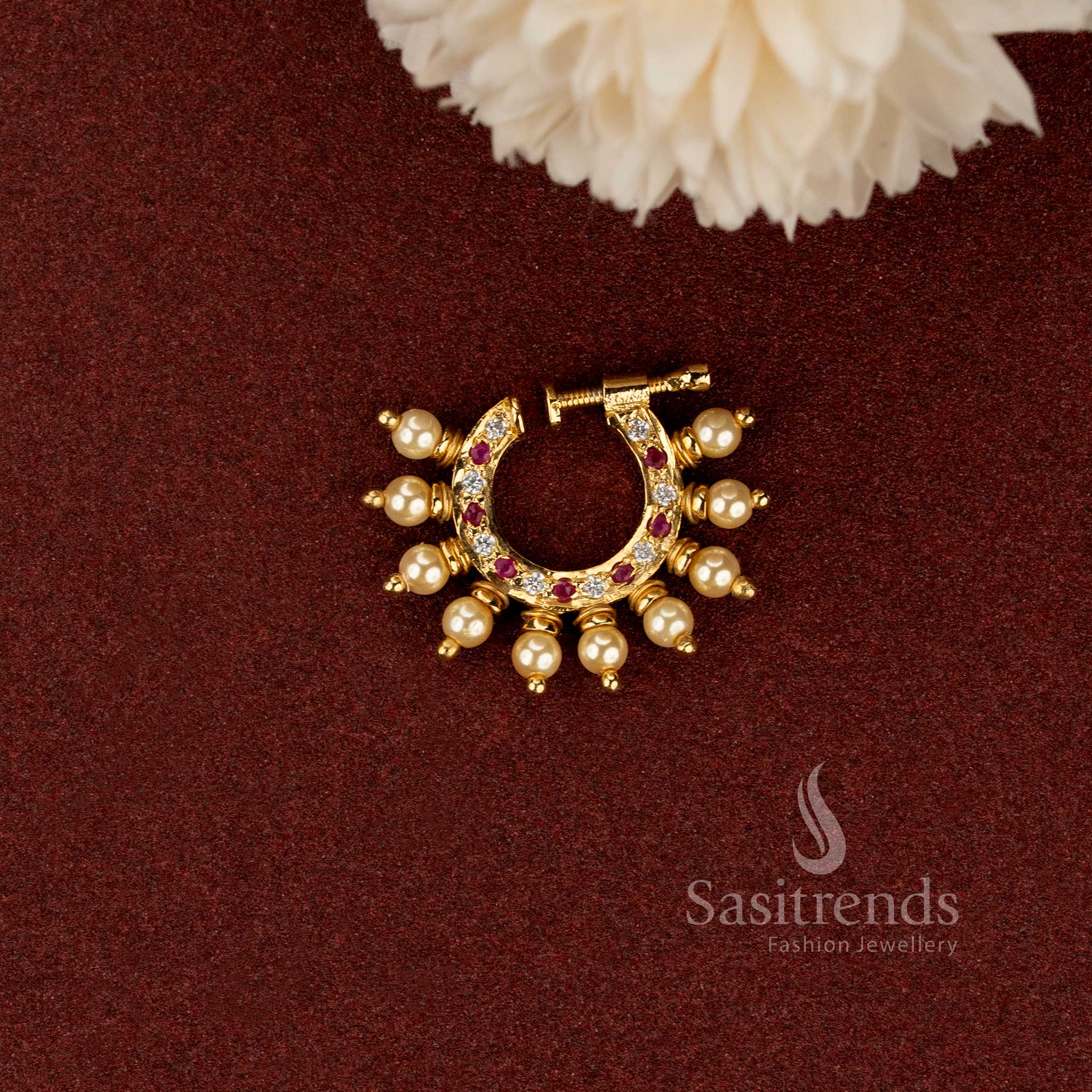 Traditional crescent AD stone nath with elegant pearl drop detailing - Sasitrends
