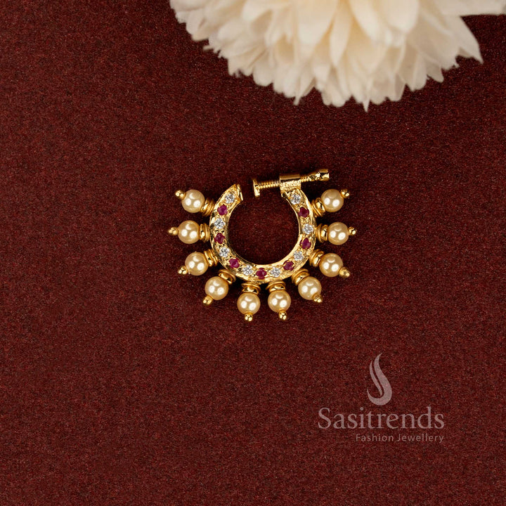 Traditional crescent AD stone nath with elegant pearl drop detailing - Sasitrends