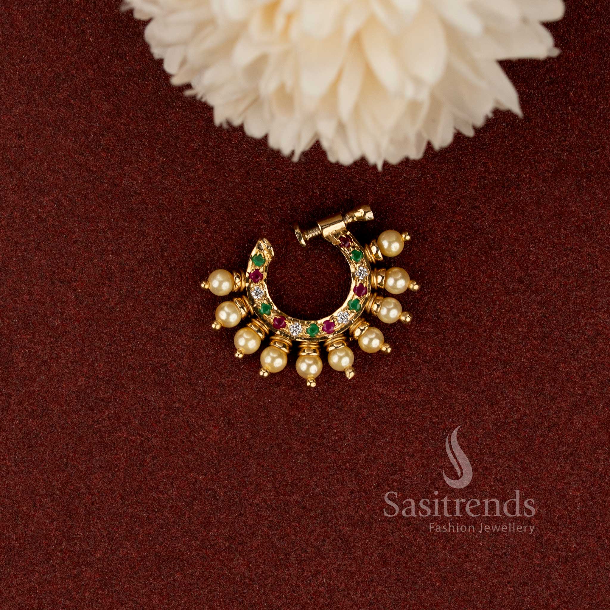 Elegant pearl drop AD stone nose ring for bridal and festive occasions - Sasitrends