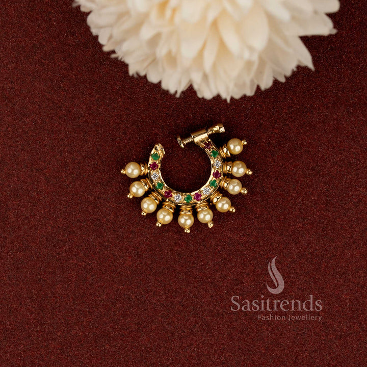 Elegant pearl drop AD stone nose ring for bridal and festive occasions - Sasitrends
