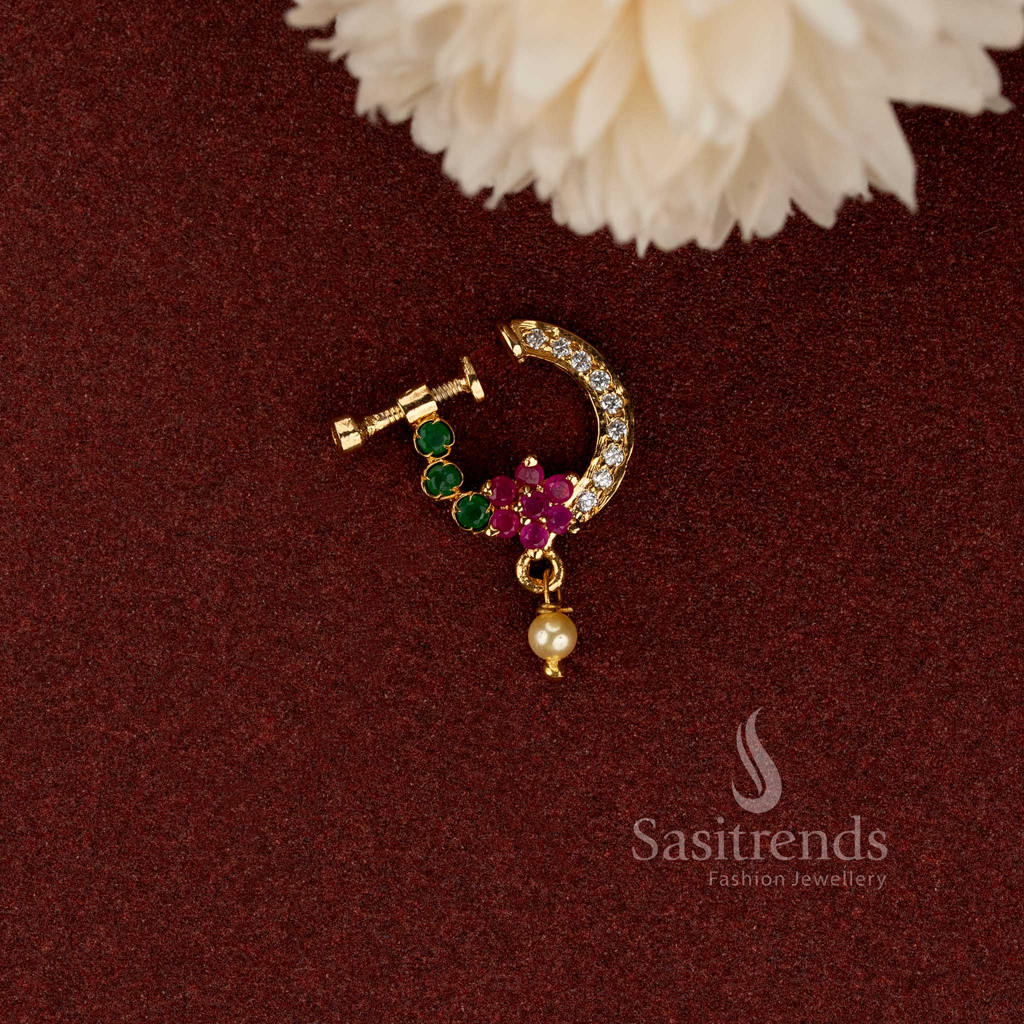 Adjustable non-piercing gold plated AD stone floral nose ring with pearl accent - Sasitrends