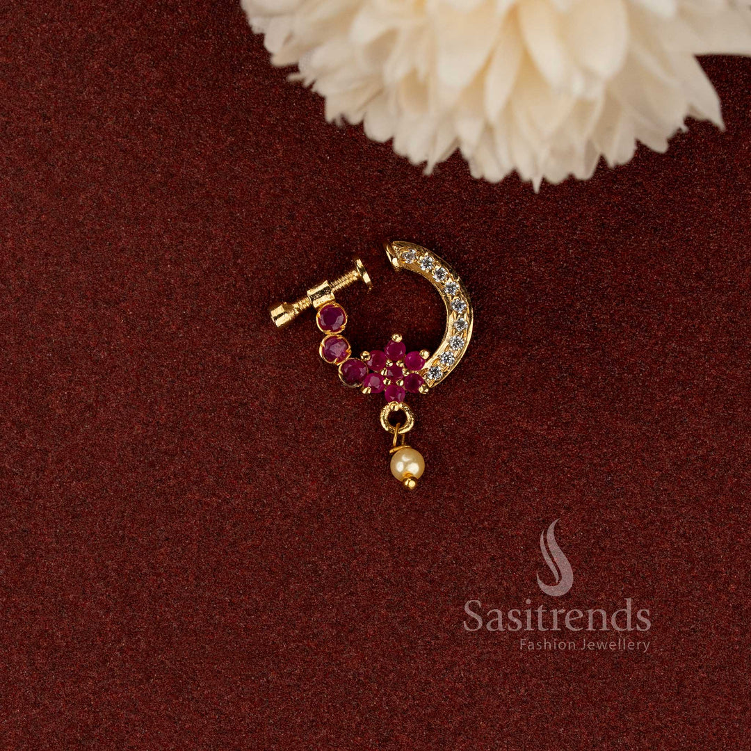 Gold plated non-piercing adjustable ruby floral AD stone pearl drop nath nose ring - Sasitrends