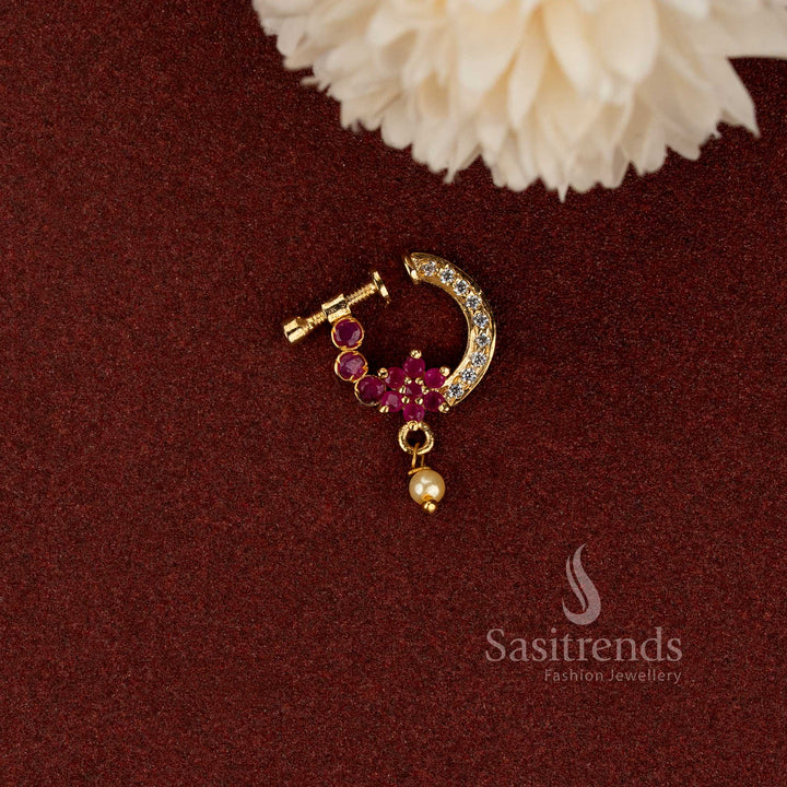 Gold Plated Non-Piercing Adjustable Ruby Floral AD Stone Pearl Drop Nath Nose Ring - Sasitrends