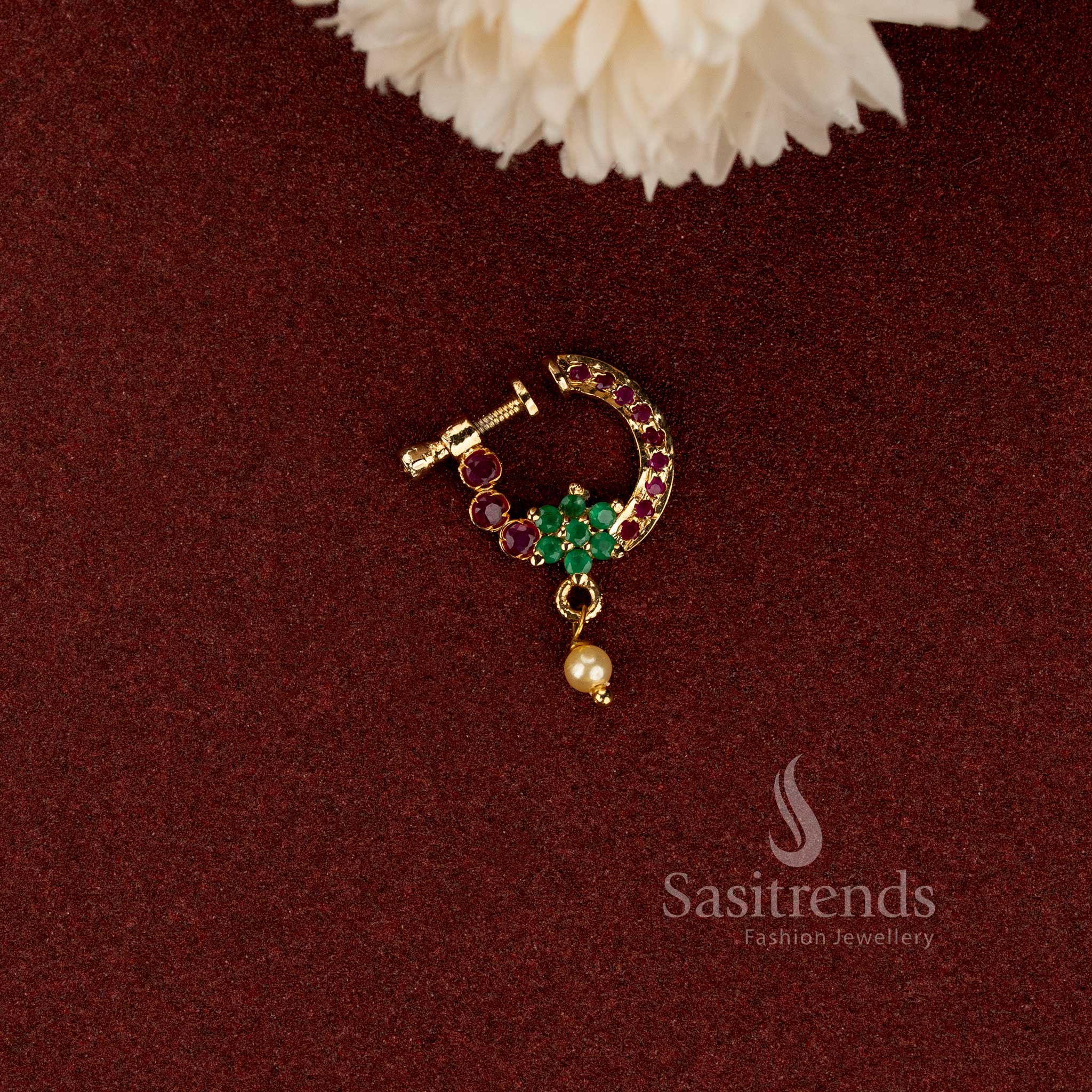 Adjustable non-piercing gold plated AD stone floral nose ring with pearl accent - Sasitrends