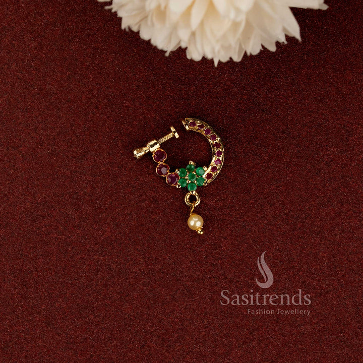 Adjustable non-piercing gold plated AD stone floral nose ring with pearl accent - Sasitrends