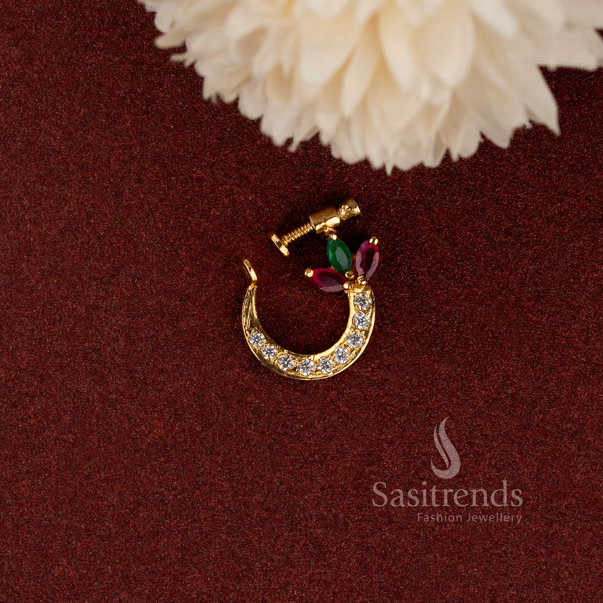 Elegant non-piercing lotus nosepin with American Diamond stone detailing - Sasitrends