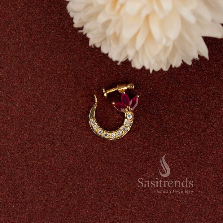 Traditional lotus motif nose ring with sparkling AD stone detailing - Sasitrends