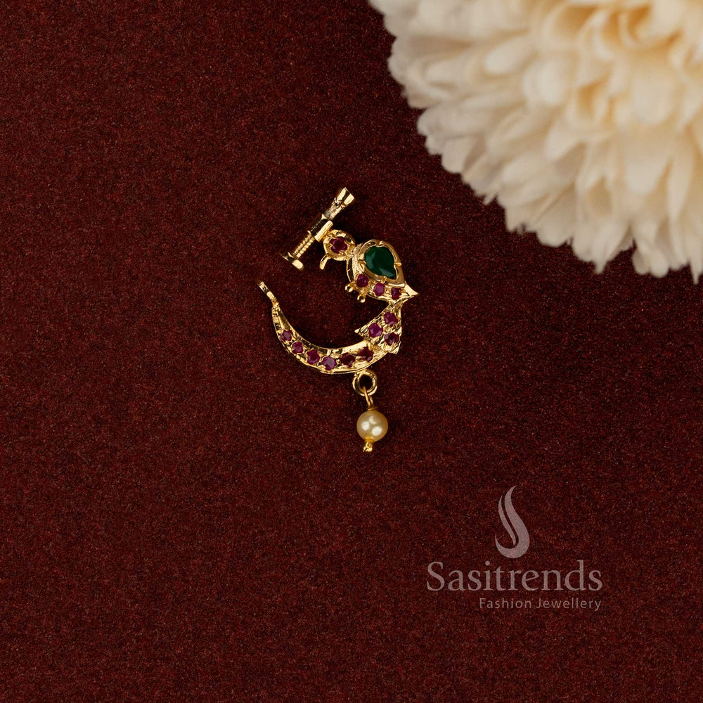 Gold plated non-piercing adjustable peacock gemstone nath nose ring - Sasitrends
