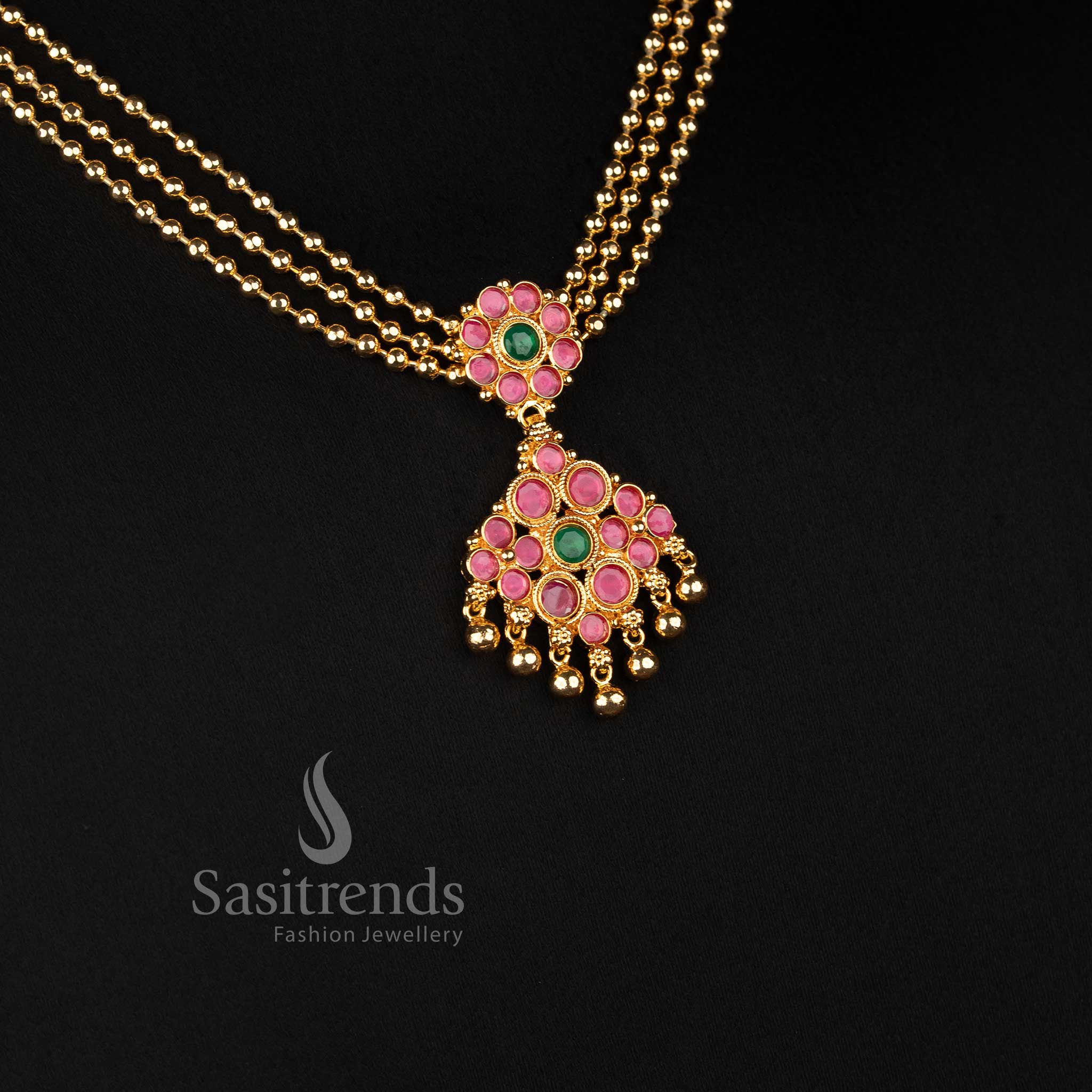 Traditional Micro Gold Plated Diamond Pendant Three-Layered Golden Bead Necklace for Women - Sasitrends