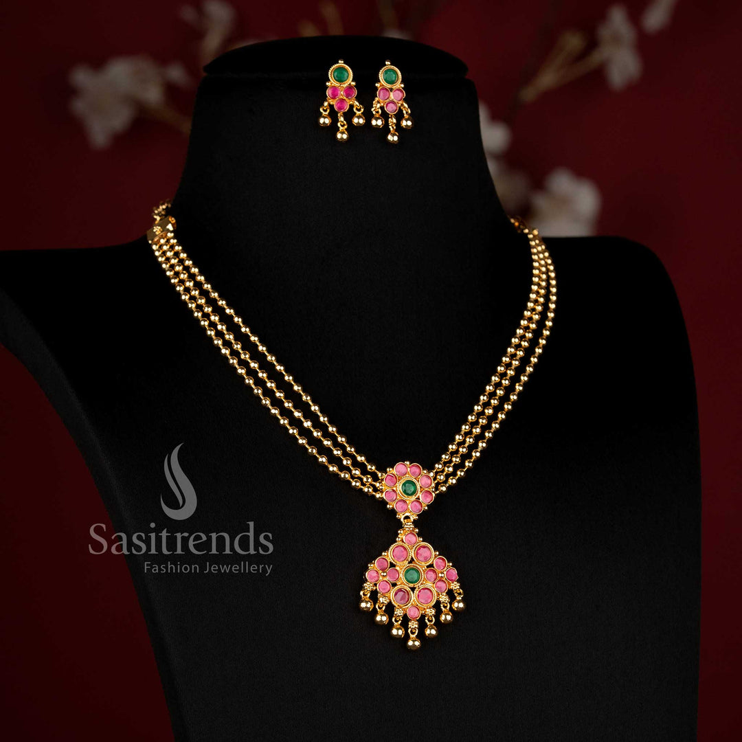 Traditional Micro Gold Plated Diamond Pendant Three-Layered Golden Bead Necklace for Women - Sasitrends