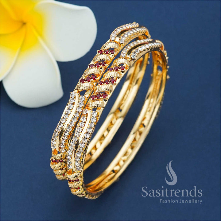 Micro Gold Plated Traditional Wear Maroon White AD Stones Studded Bangles