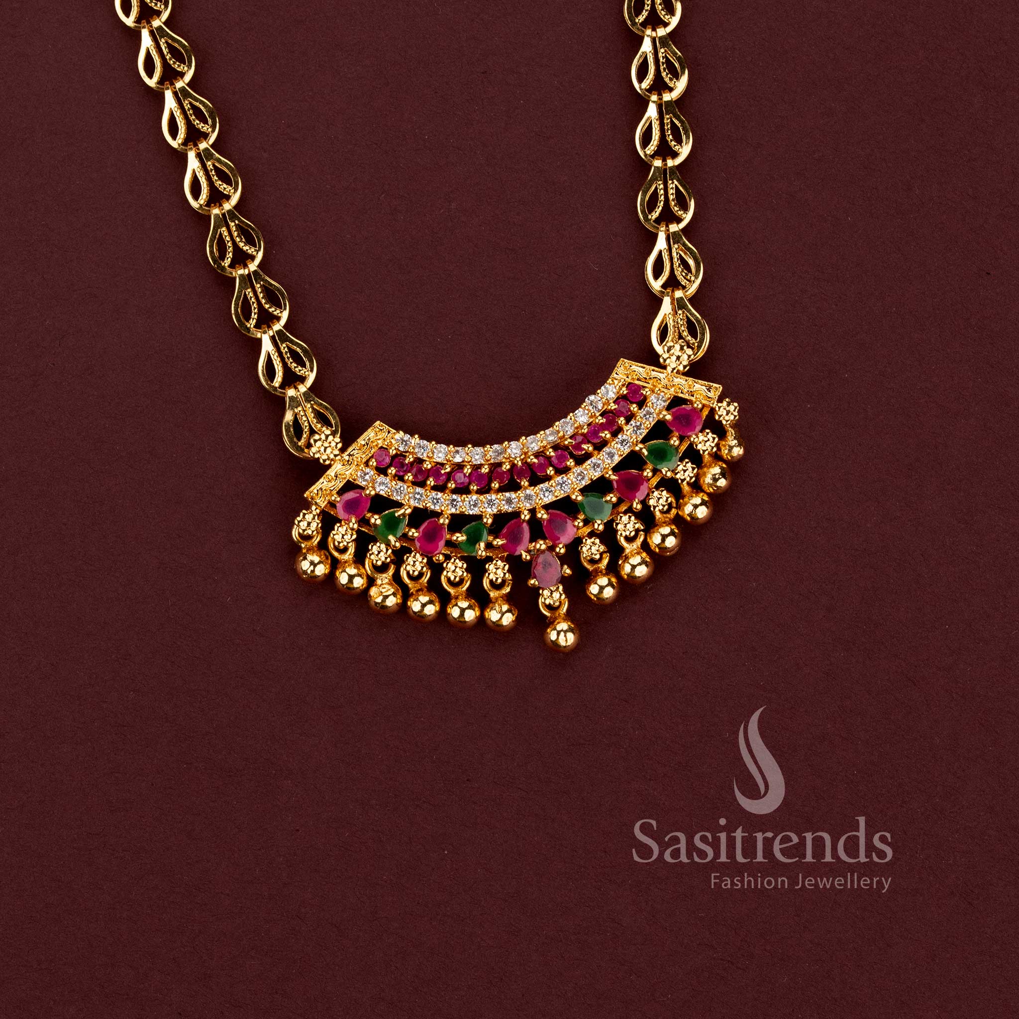 One Gram Micro Gold Plated AD Stone Pendant Designer Chain Necklace for Women - Sasitrends