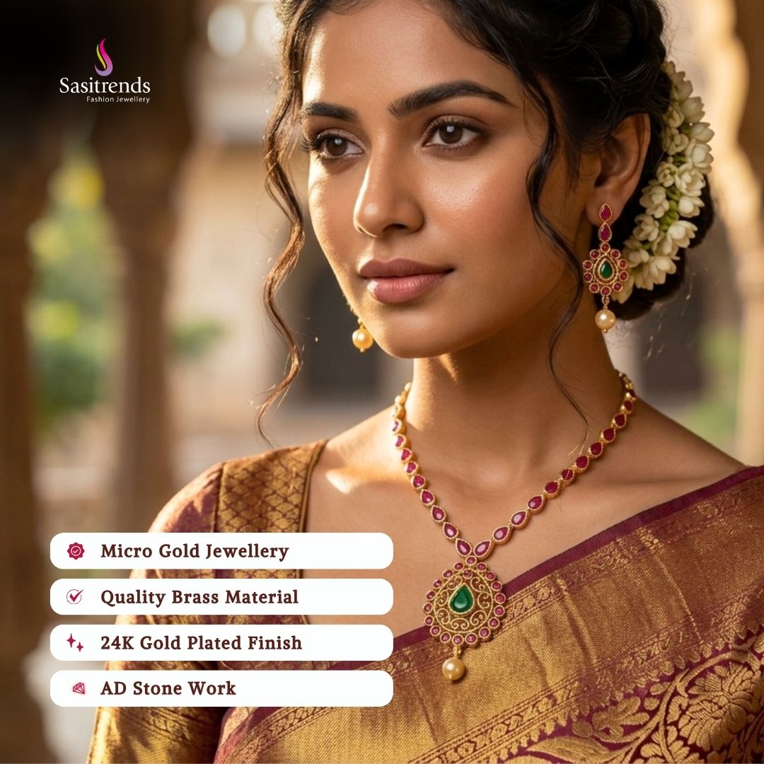 Guaranteed Micro gold plated AD stone necklace set model image - Sasitrends