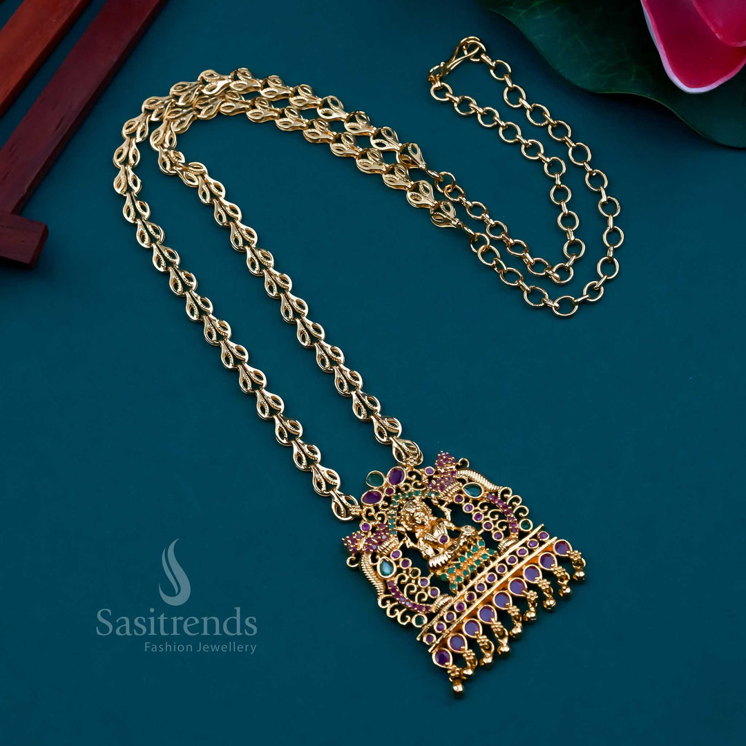 Exquisite long haram necklace in micro gold plating featuring a divine Lakshmi pendant and sparkling AD highlights – ideal for festive South Indian attire – Sasitrends