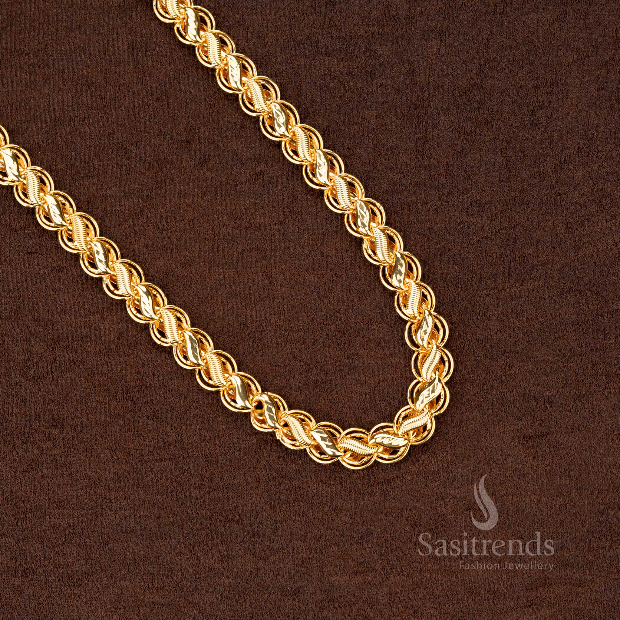 Grand micro gold plated long chain with leaf motifs, beautifully crafted for weddings, temples, and ceremonies - Sasitrends