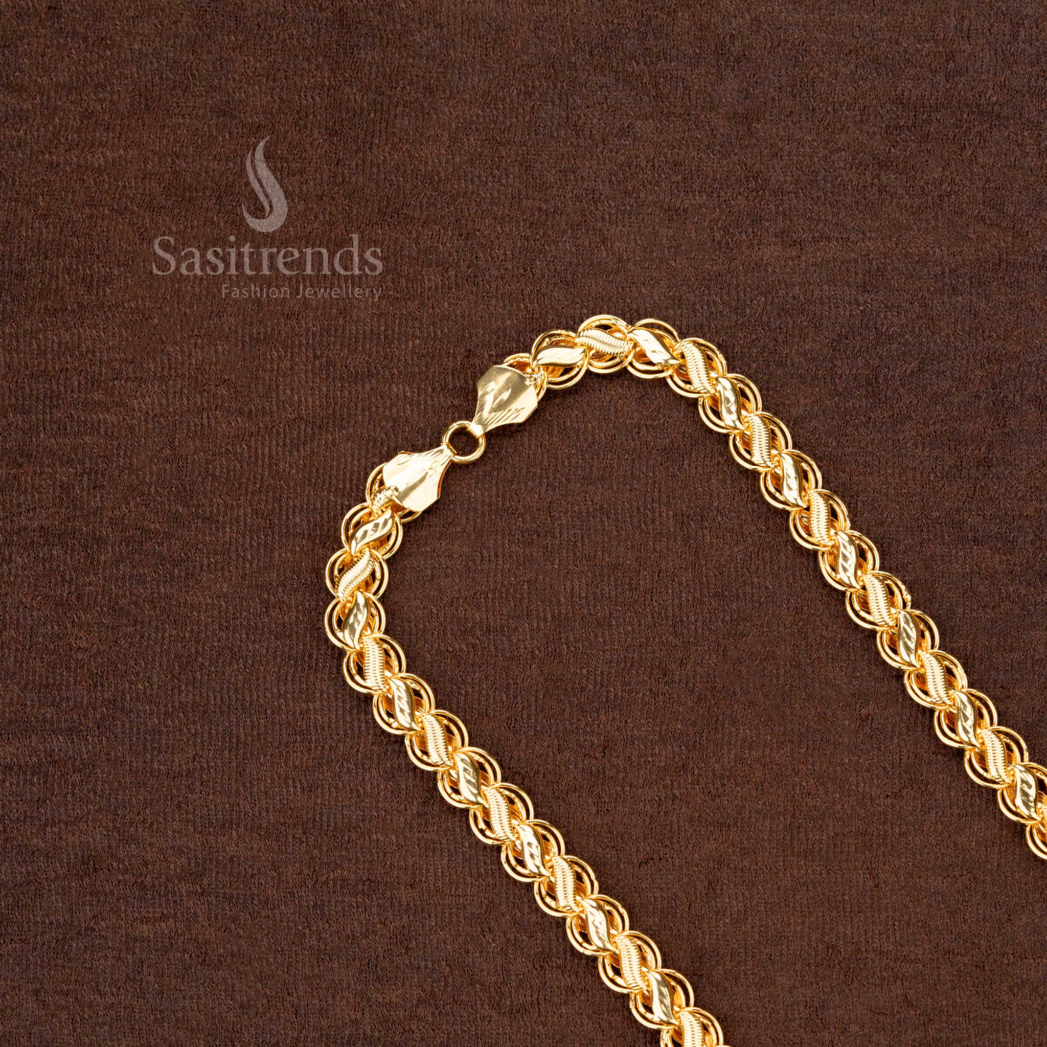 Elegant one gram gold plated long chain with stunning leaf patterns, offering a real gold look for festive wear - Sasitrends