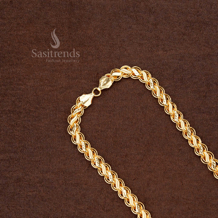 Elegant one gram gold plated long chain with stunning leaf patterns, offering a real gold look for festive wear - Sasitrends