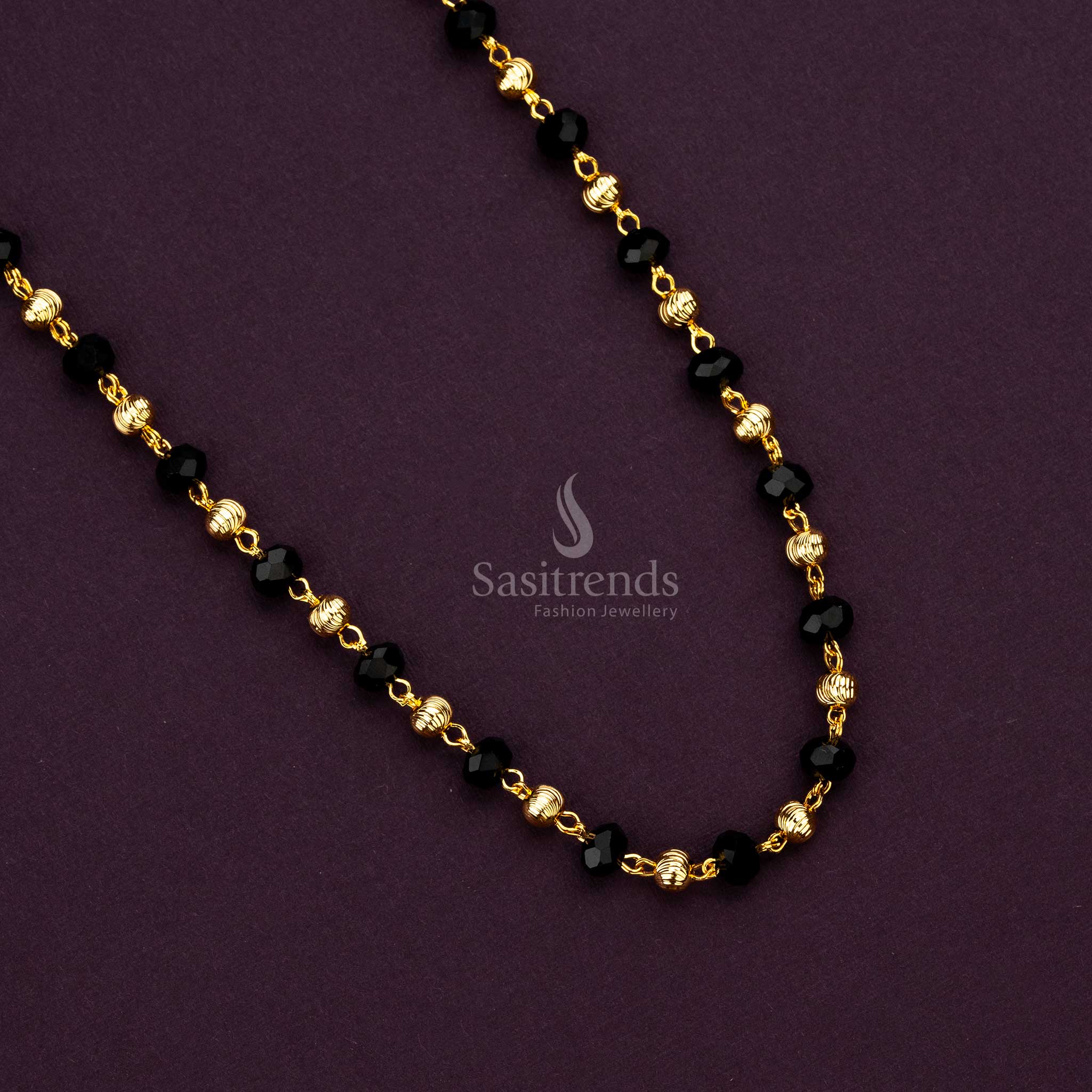 Traditional micro gold plated black bead chain with faceted beads and gold accents, look like real gold - Sasitrends