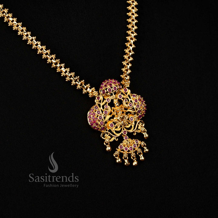Opulent Ruby Traditional Micro Gold Plated Long Gajiri Necklace showcasing Artistic Designer Detailing and Brilliant AD Stones – Sasitrends