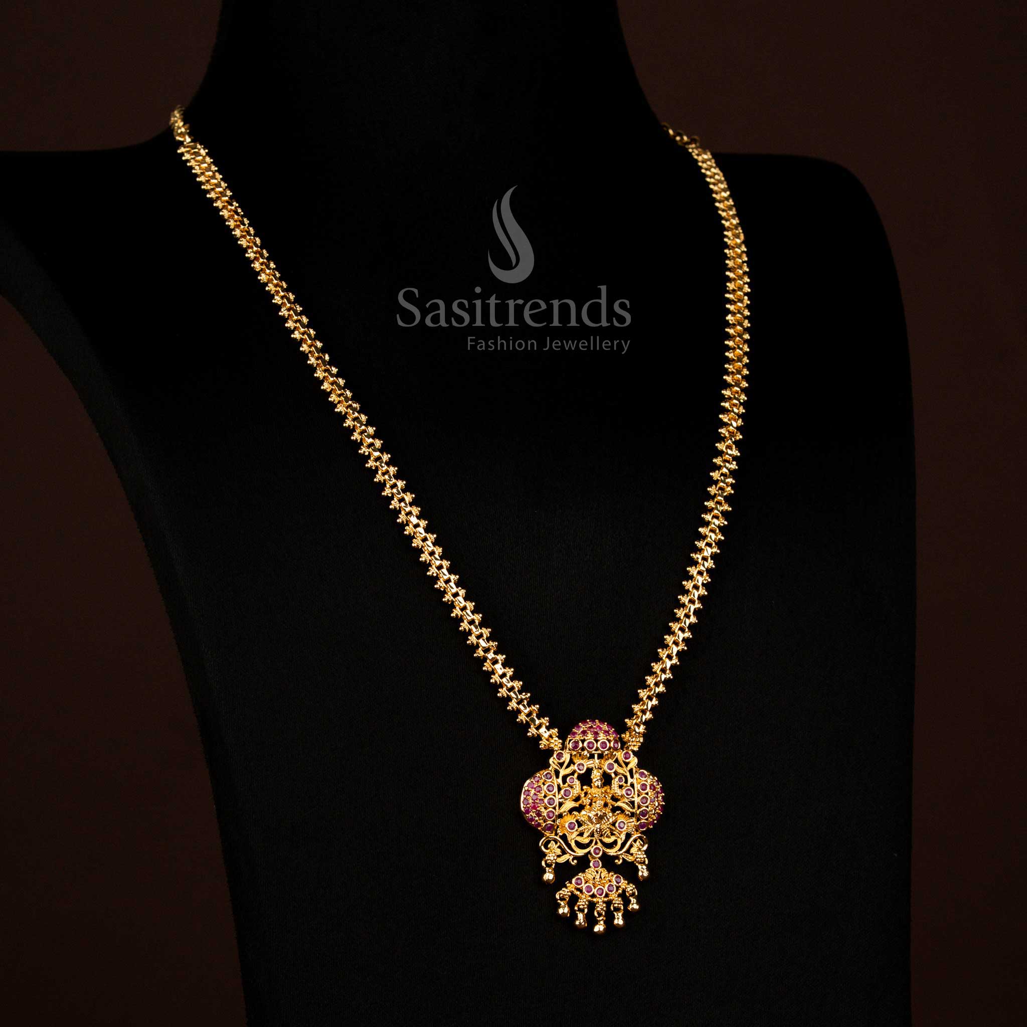 Elegant Ruby Micro Gold Plated Long Gajiri Necklace highlighted with Gleaming AD Stones, Ideal for Bridal and Grand Festive Occasions – Sasitrends