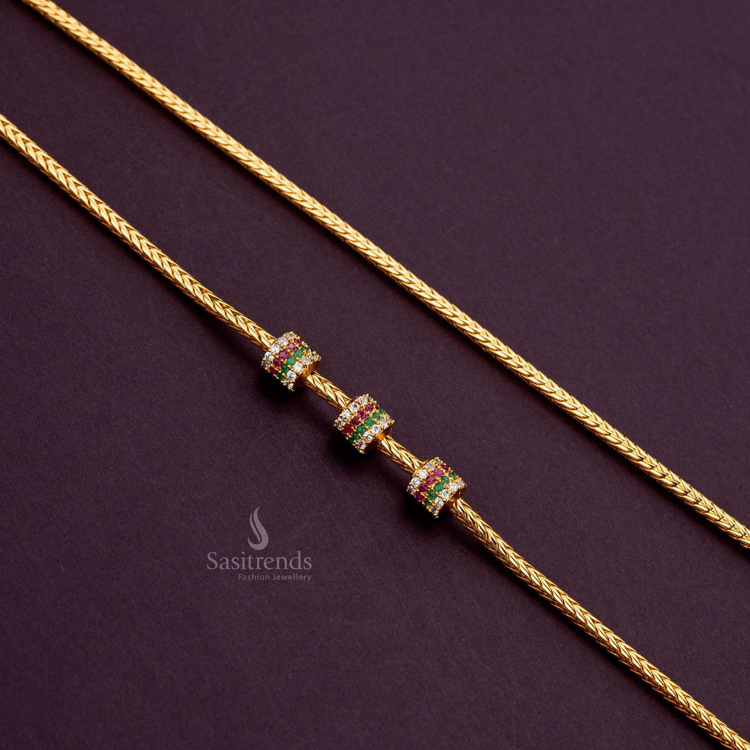 Latest Micro Gold-Plated Cylindrical Ball Mugappu Thali Kodi Chain with AD Stones Sasitrends