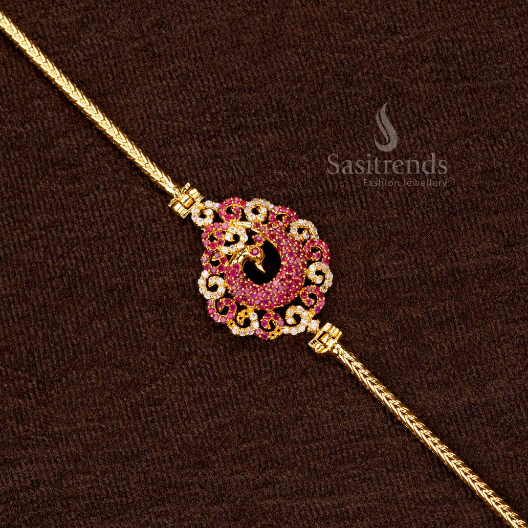 One Gram Jewellery Peacock Pendant Chain with 24-Carat Pure Gold Plating, Temple Design, AD Stones – Sasitrends