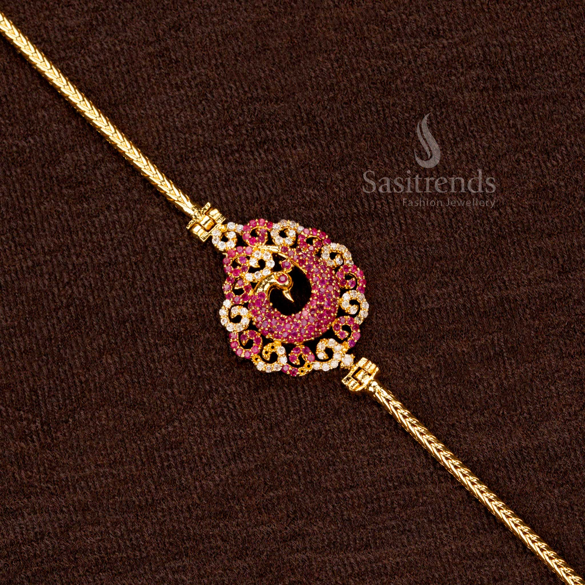 One Gram Jewellery Peacock Pendant Chain with 24-Carat Pure Gold Plating, Temple Design, AD Stones – Sasitrends