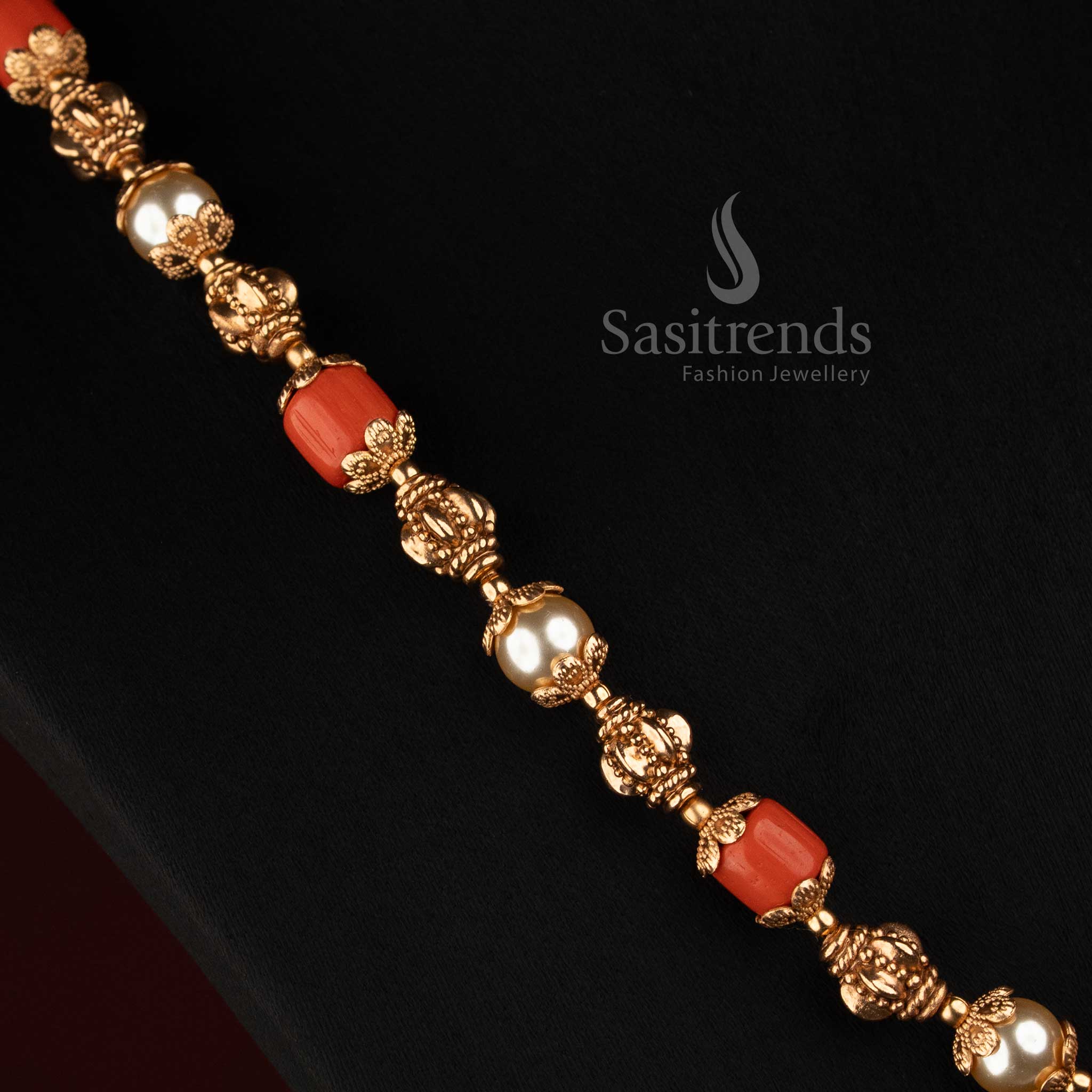 Antique Pearl and Carved Golden Bead Long Mala Haram Necklace Set with Pearl Drop Earrings - Sasitrends