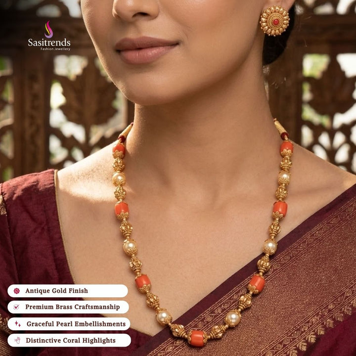 Traditional antique gold plated coral pearl necklace set - Sasitrends