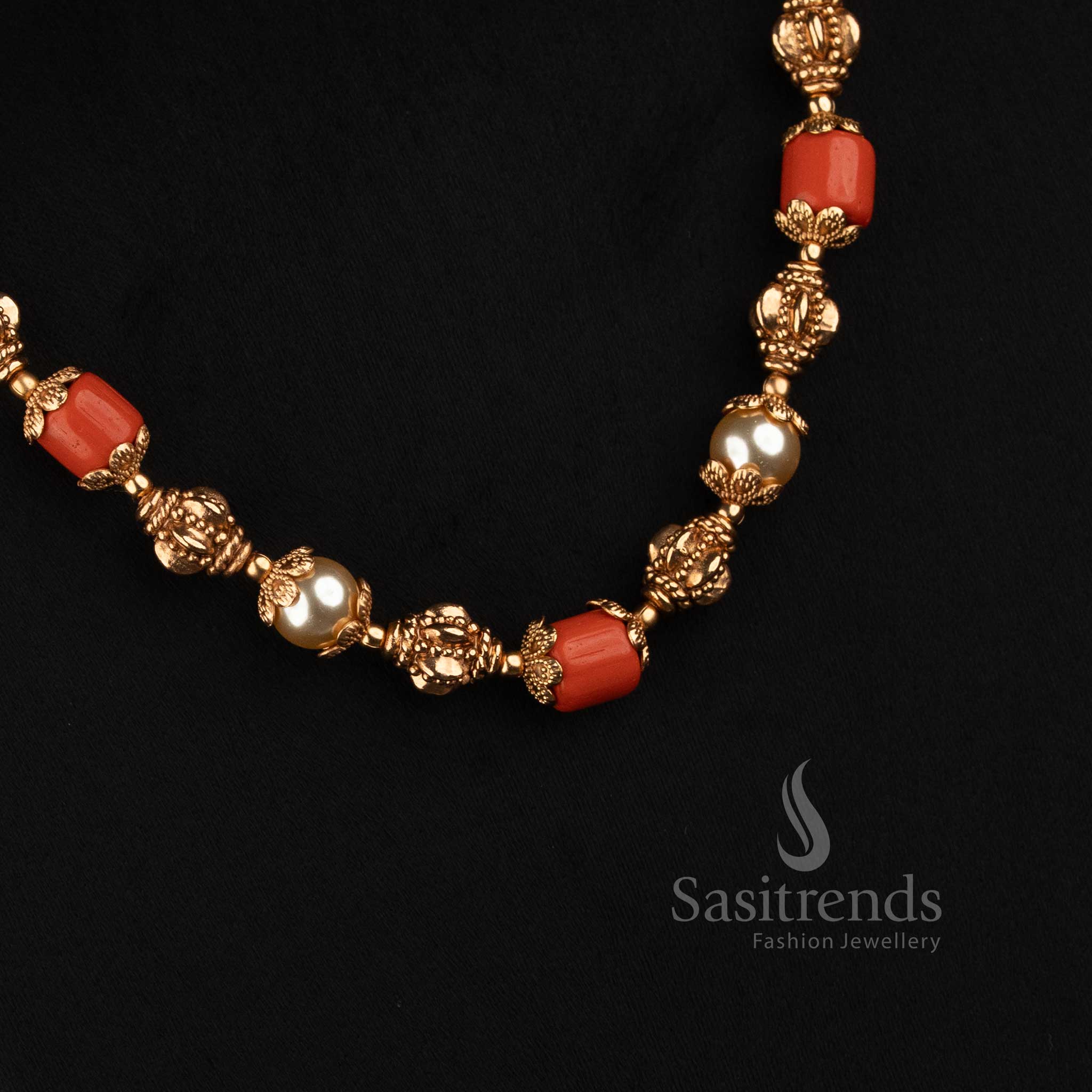 Traditional Antique Pearl and Golden Bead Long Mala Haram Set for Women - Sasitrends