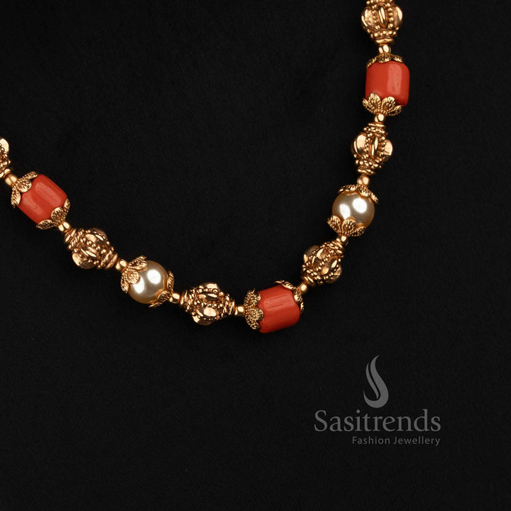 Traditional Antique Pearl and Golden Bead Long Mala Haram Set for Women - Sasitrends