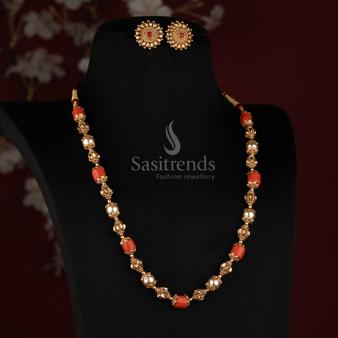 Antique Gold Plated Coral Pearl Long Haram Necklace Set for Wedding and Festive Wear - Sasitrends