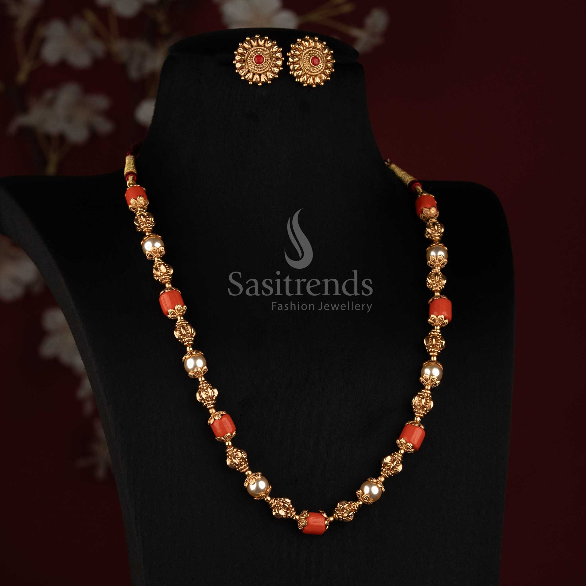 Antique Gold Plated Coral Pearl Long Haram Necklace Set for Wedding and Festive Wear - Sasitrends