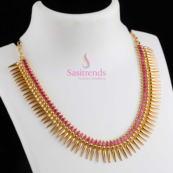 Kerala traditional micro gold plated Mullapoo floral necklace with ruby stones and adjustable chain, featuring delicate jasmine-inspired motifs and vibrant festive jewellery charm – Sasitrends