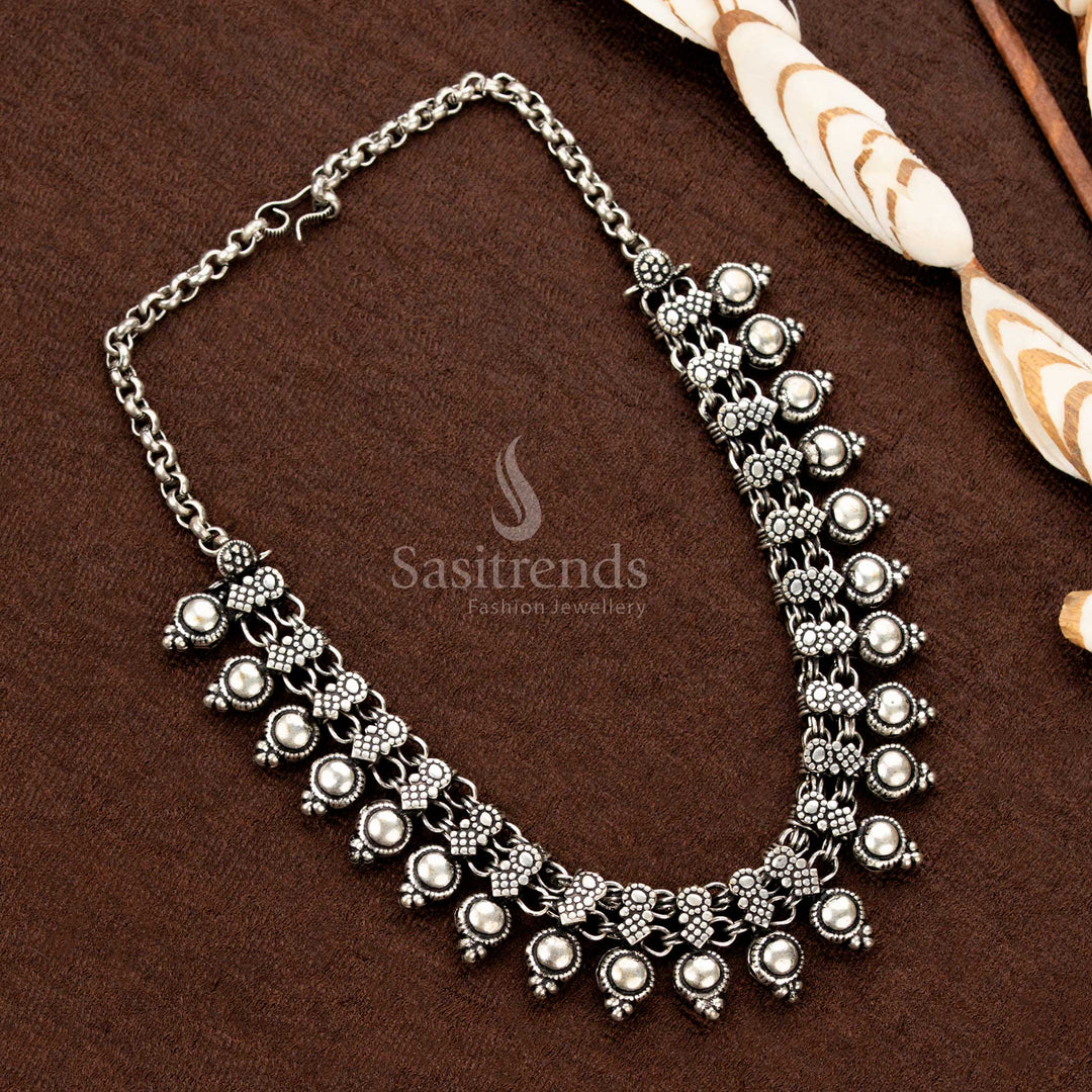 Oxidised German Silver Necklace with floral links and dome-shaped ball drop hangings for Navaratri traditional saree wear – Sasitrends