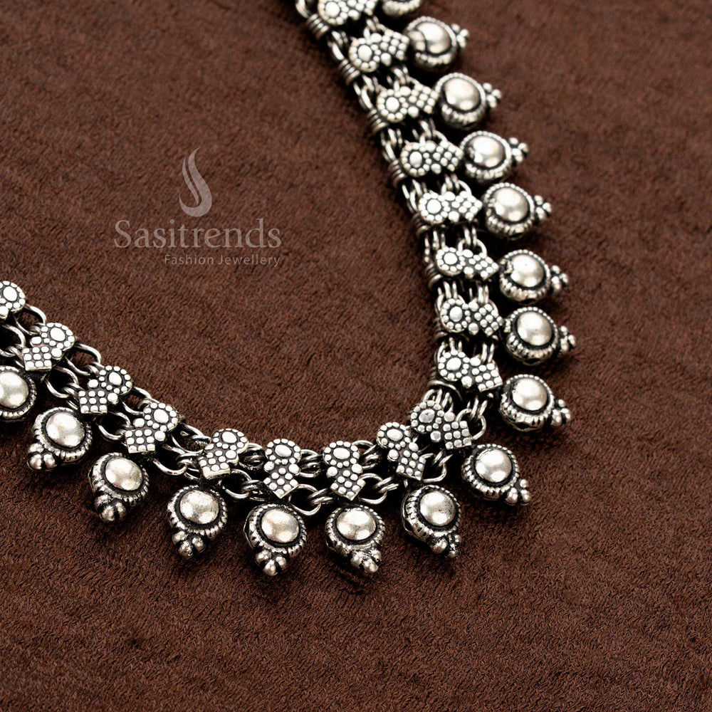 Oxidised German Silver Necklace with floral links and dome-shaped ball drop hangings for Navaratri traditional saree wear – Sasitrends