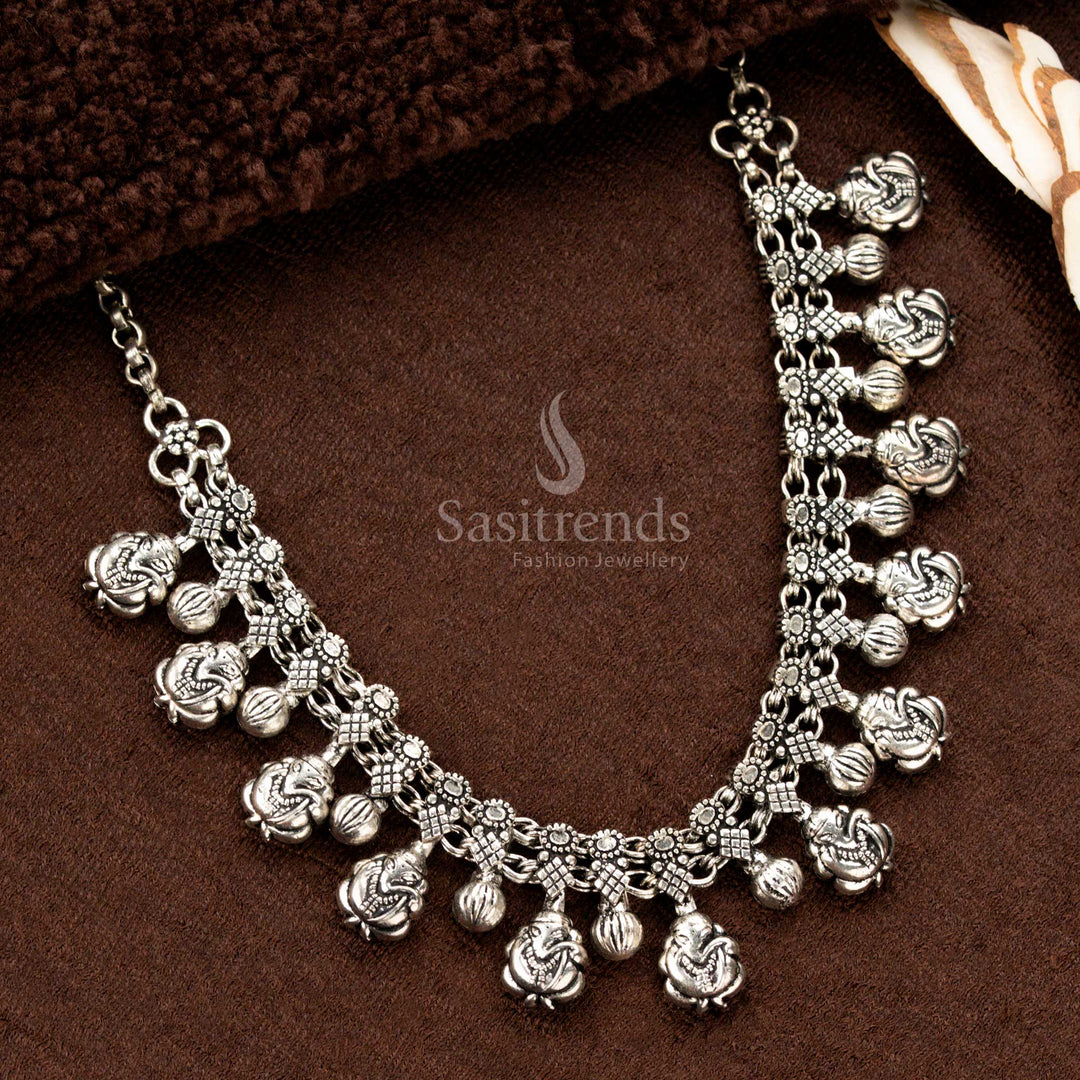 Oxidised German Silver Necklace with Ganesha Charms - Sasitrends