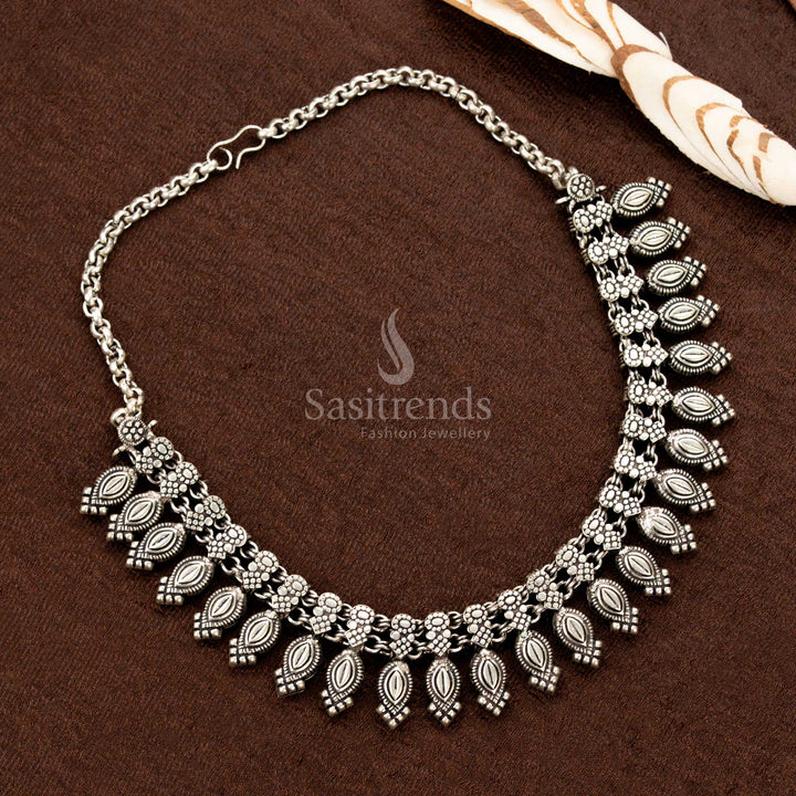 Stunning Oxidised Kolapuri Style Necklace with Almond-Shaped Tribal Drop Motifs and Floral Link Design – Traditional Festive Wear by Sasitrends