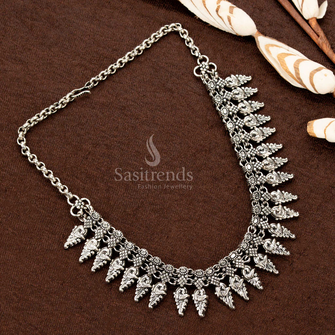 Oxidised German Silver Necklace with Tribal Engraved Hanging Motifs - Sasitrends
