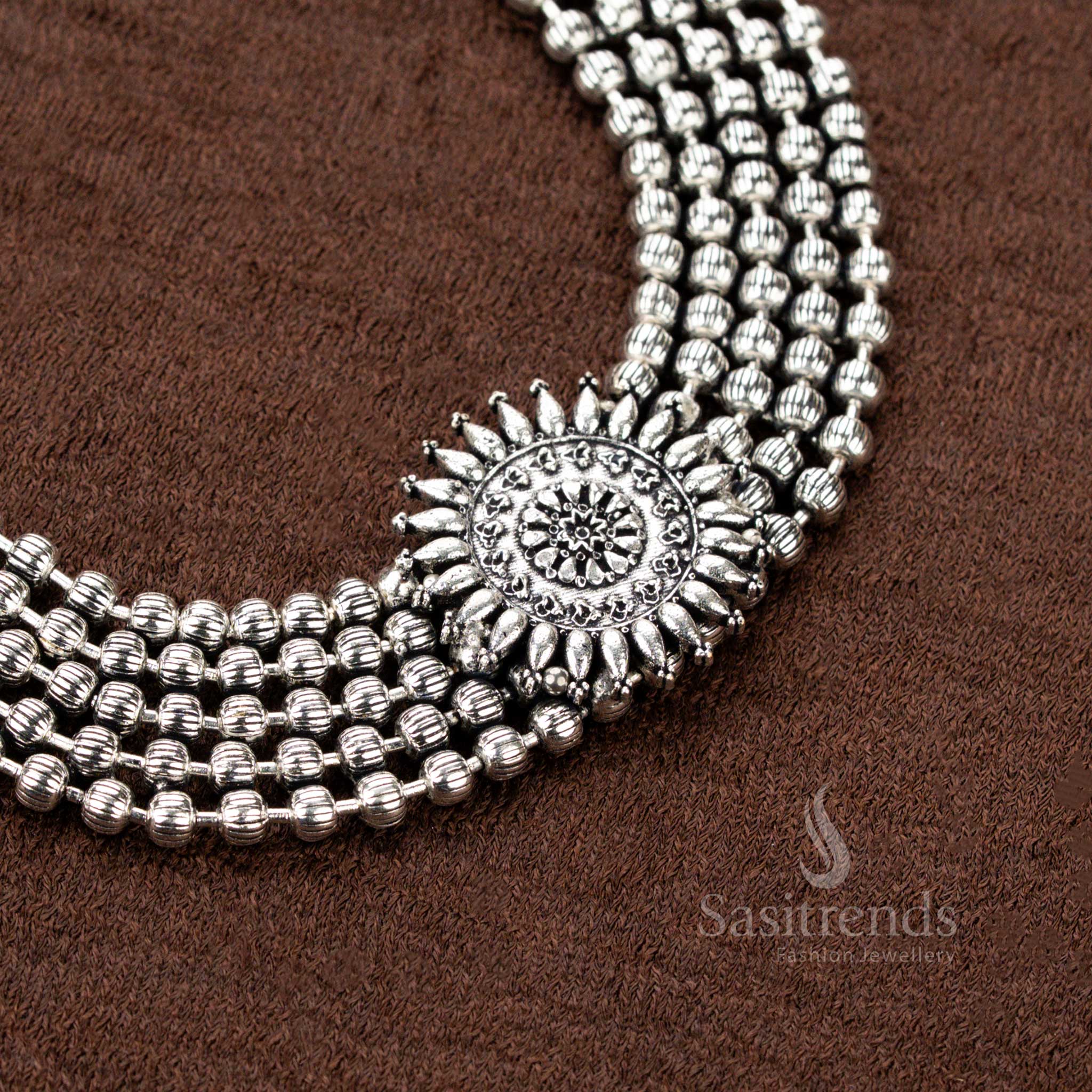 Traditional oxidised silver multi-bead choker jewellery set - Sasitrends