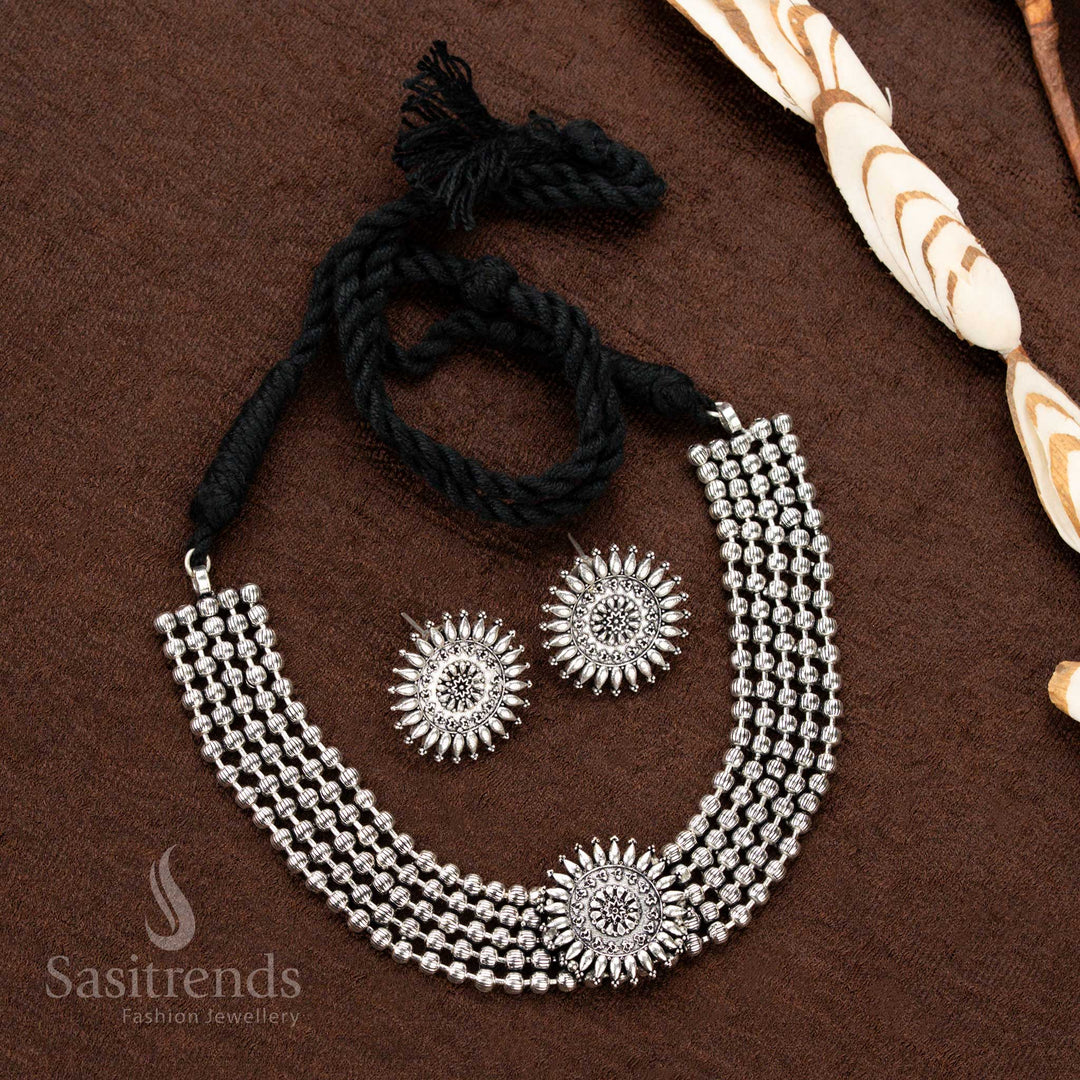 Oxidised sunburst choker necklace with matching earrings for Navaratri - Sasitrends