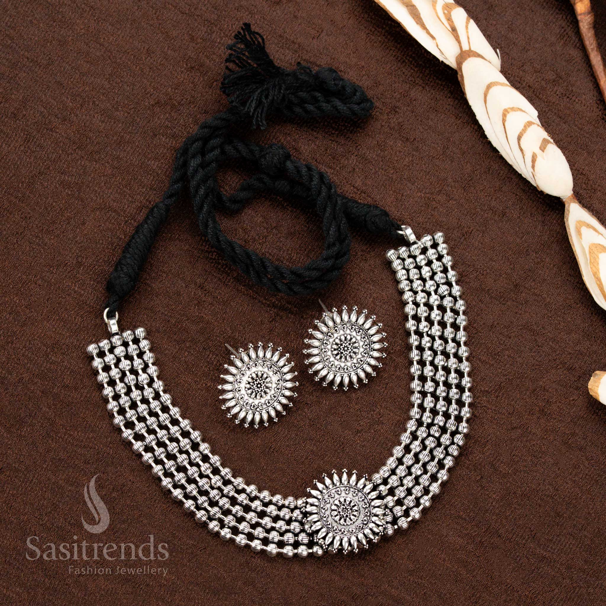 Oxidised sunburst choker necklace with matching earrings for Navaratri - Sasitrends