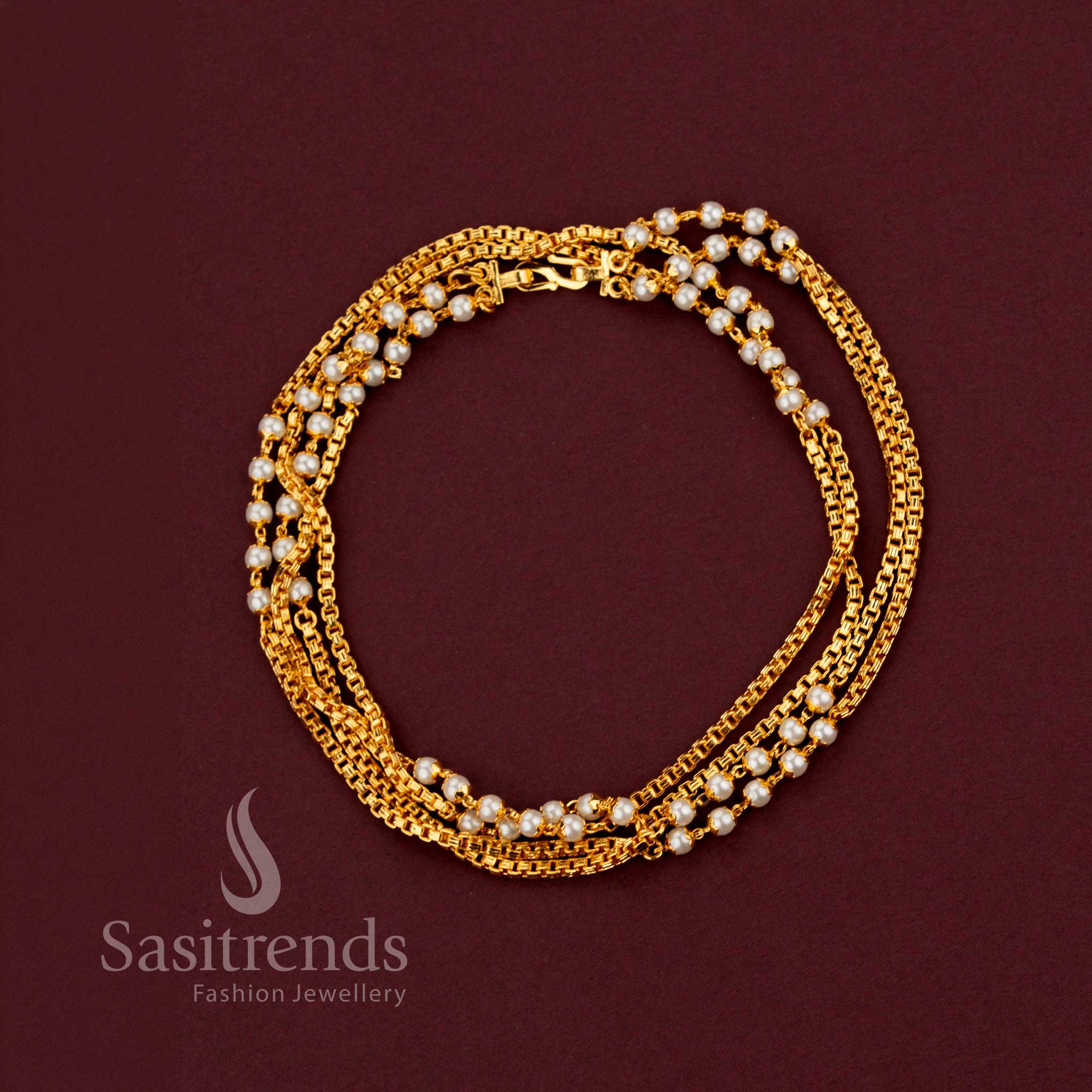 Beautifully crafted double layer gold-plated neck chain design with pearl detailing - Sasitrends