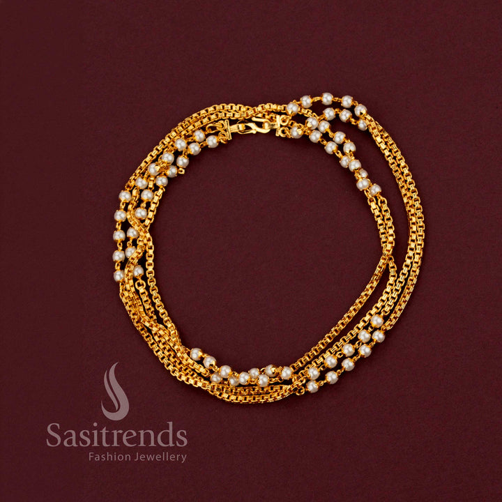 Beautifully crafted double layer gold-plated neck chain design with pearl detailing - Sasitrends