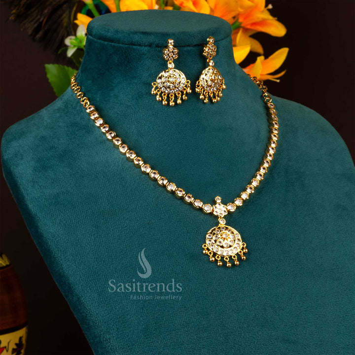 Elegant traditional Addigai jewellery set in micro gold plating with white stones and South Indian motifs, ideal for bridal wear with temple-inspired charm – sasitrends