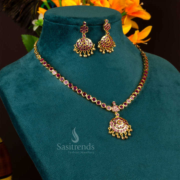 Temple-style dual tone Addigai jewellery with ruby stones in micro gold finish, featuring delicate motifs and perfect bridal ethnic glow – sasitrends